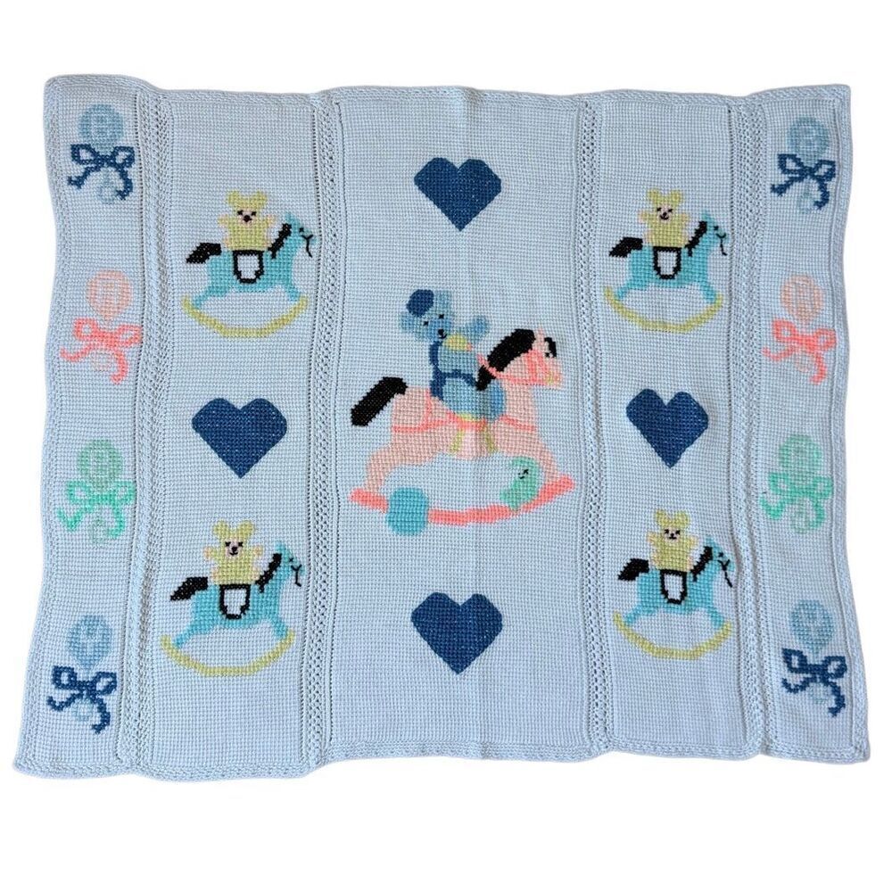 Vintage Baby Blanket Hand Knit Handmade Rocking Horse Hearts Heirloom Nursery 33